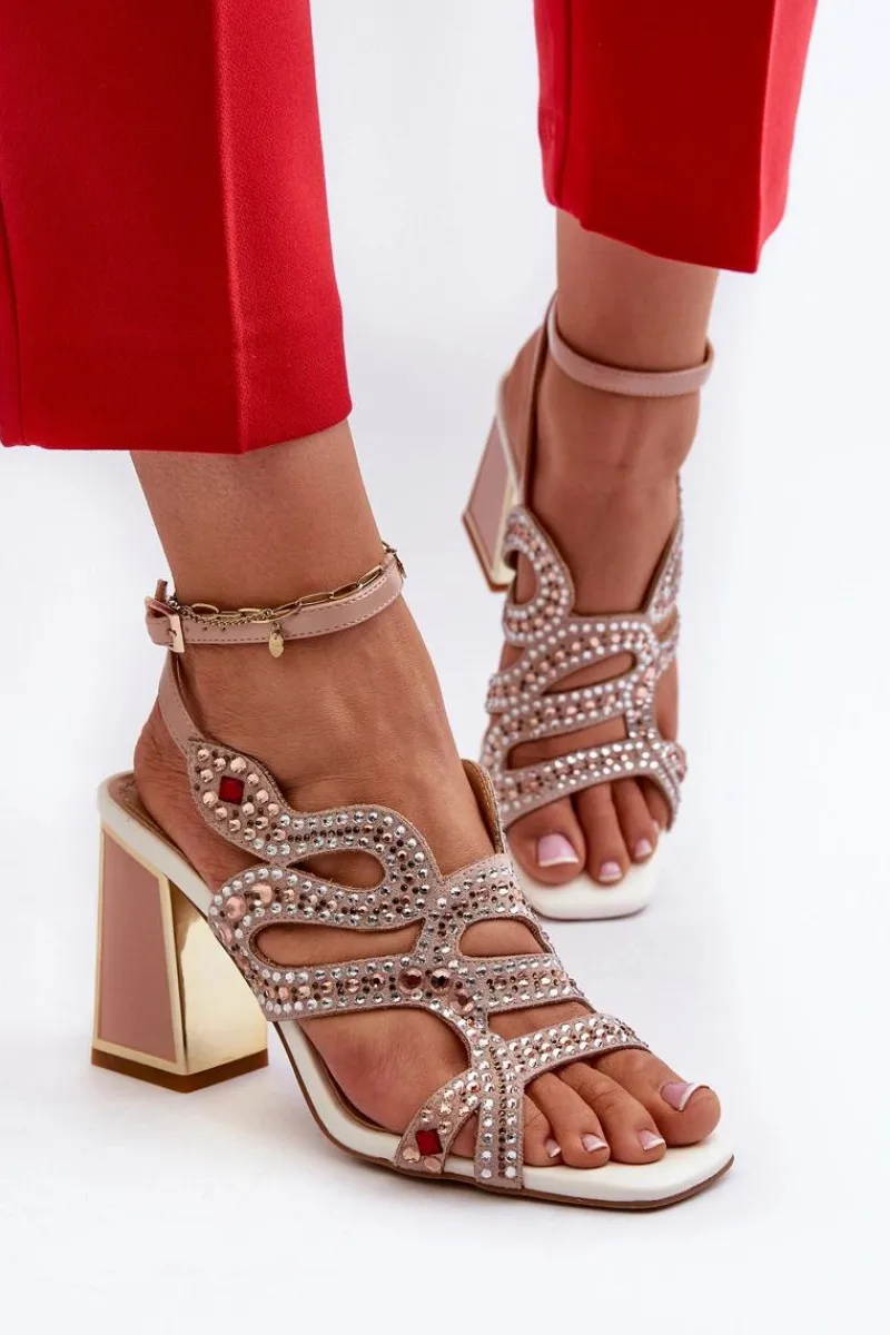 Sandały Na Słupku|Sandały Na Obcasie>Damskie buty S.Barski Zdobione Sandały Damskie Na Słupku D&A CR952 Różowe Różowy