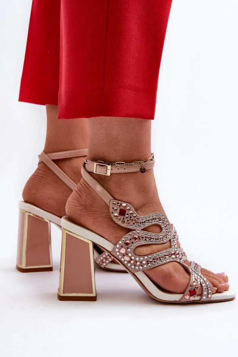 Sandały Na Słupku|Sandały Na Obcasie>Damskie buty S.Barski Zdobione Sandały Damskie Na Słupku D&A CR952 Różowe Różowy