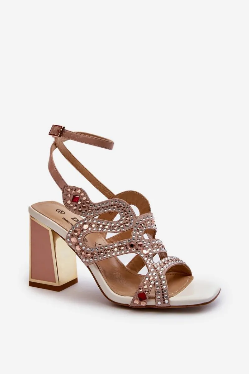 Sandały Na Słupku|Sandały Na Obcasie>Damskie buty S.Barski Zdobione Sandały Damskie Na Słupku D&A CR952 Różowe Różowy