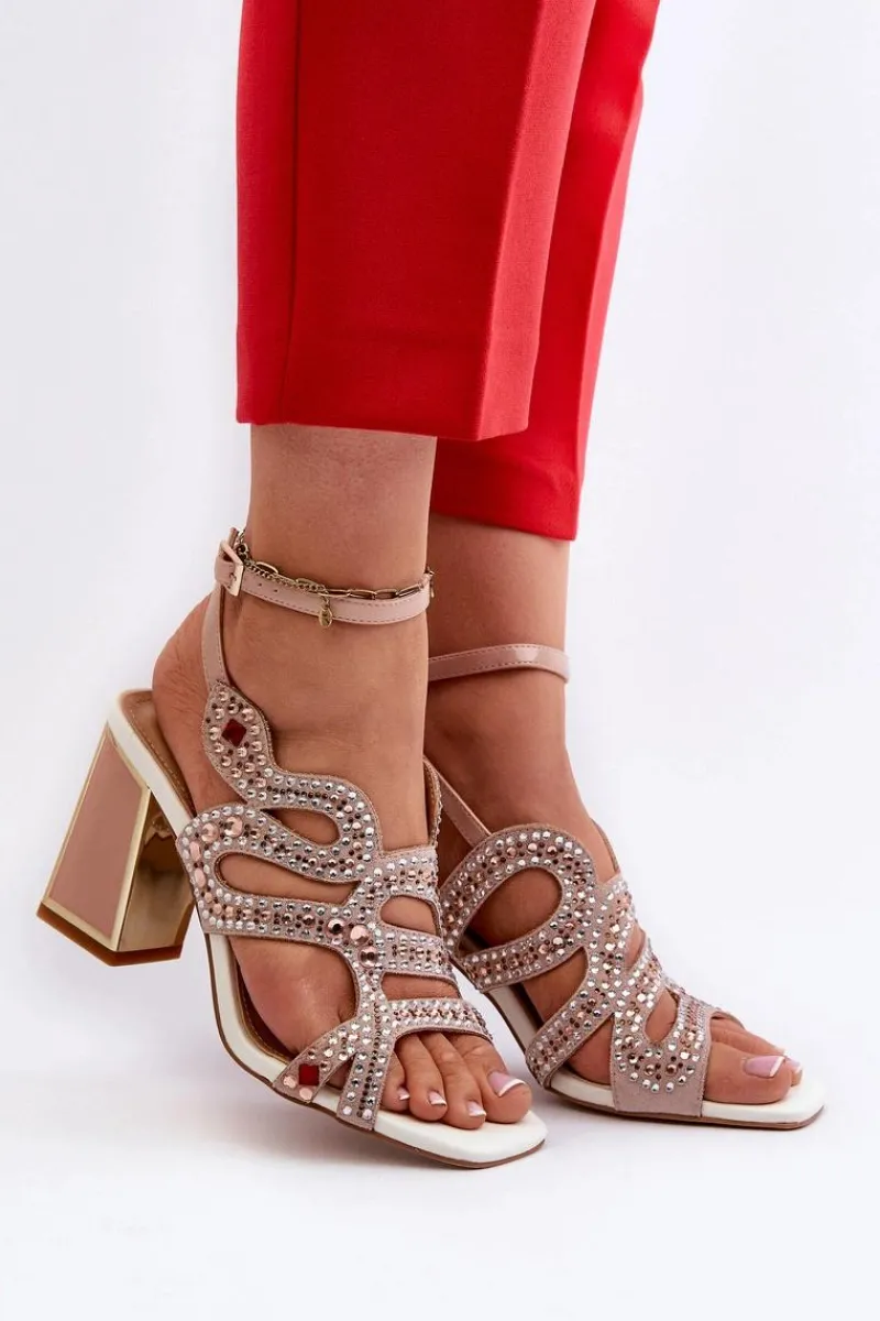 Sandały Na Słupku|Sandały Na Obcasie>Damskie buty S.Barski Zdobione Sandały Damskie Na Słupku D&A CR952 Różowe Różowy