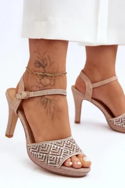 D&A Zdobione Sandały Na Obcasie MR1038-44 Różowe Złoto Różowy