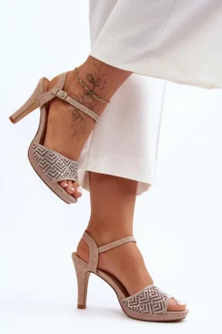 D&A Zdobione Sandały Na Obcasie MR1038-44 Różowe Złoto Różowy