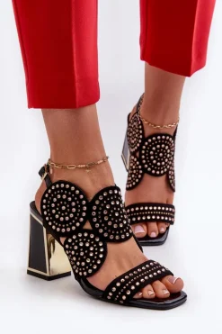 Sale Zdobione Sandały Na Słupku D&A CR026 Czarne Damskie Sandały Na Obcasie
