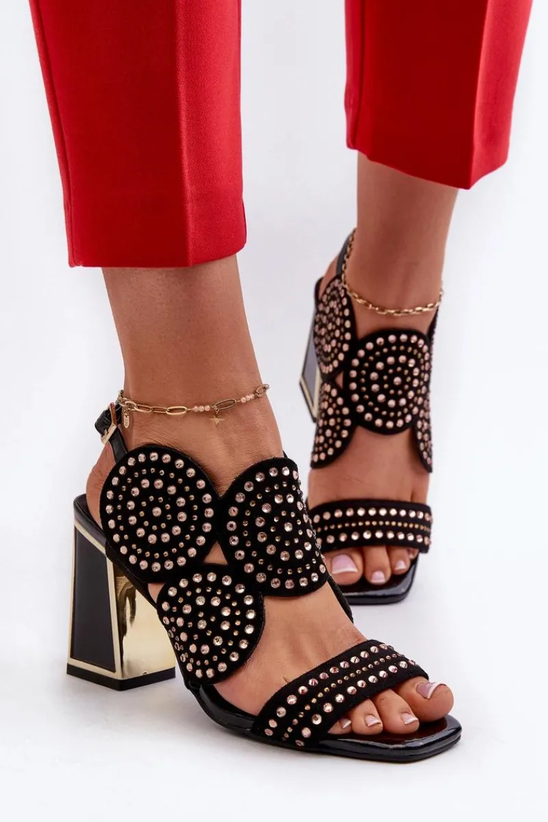 Sale Zdobione Sandały Na Słupku D&A CR026 Czarne Damskie Sandały Na Obcasie