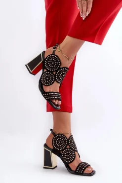 Sale Zdobione Sandały Na Słupku D&A CR026 Czarne Damskie Sandały Na Obcasie