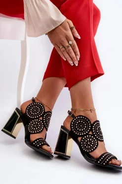 Sale Zdobione Sandały Na Słupku D&A CR026 Czarne Damskie Sandały Na Obcasie