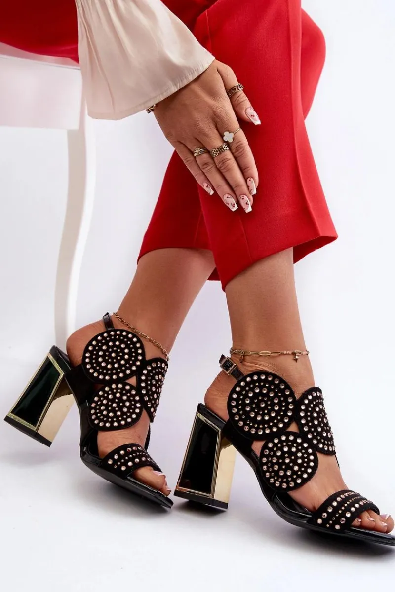 Sale Zdobione Sandały Na Słupku D&A CR026 Czarne Damskie Sandały Na Obcasie