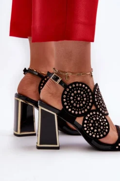 Sale Zdobione Sandały Na Słupku D&A CR026 Czarne Damskie Sandały Na Obcasie