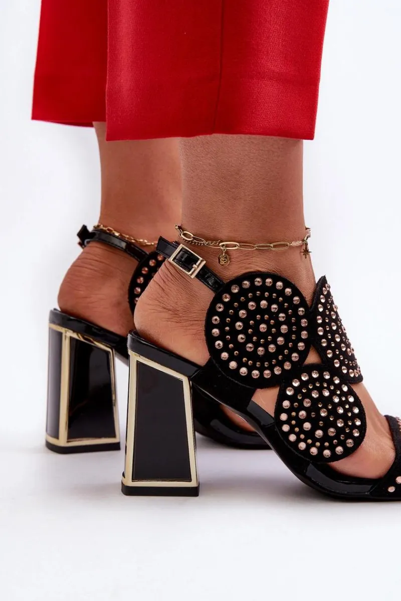 Sale Zdobione Sandały Na Słupku D&A CR026 Czarne Damskie Sandały Na Obcasie
