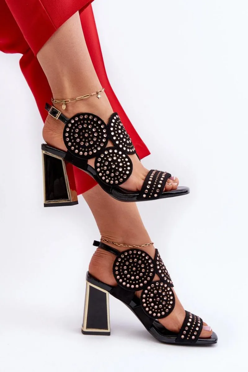 Sale Zdobione Sandały Na Słupku D&A CR026 Czarne Damskie Sandały Na Obcasie