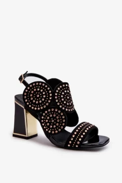 Sale Zdobione Sandały Na Słupku D&A CR026 Czarne Damskie Sandały Na Obcasie