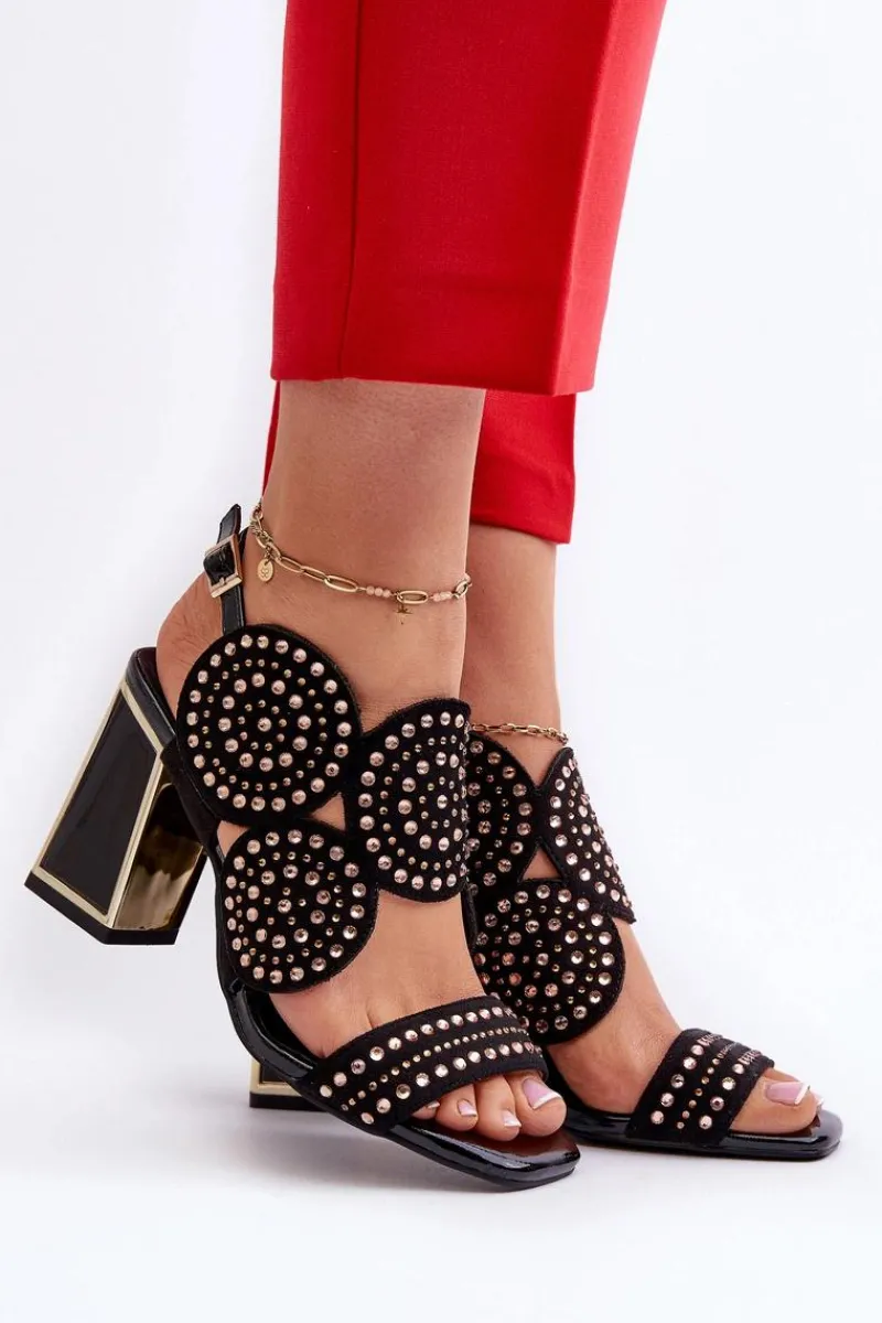 Sale Zdobione Sandały Na Słupku D&A CR026 Czarne Damskie Sandały Na Obcasie