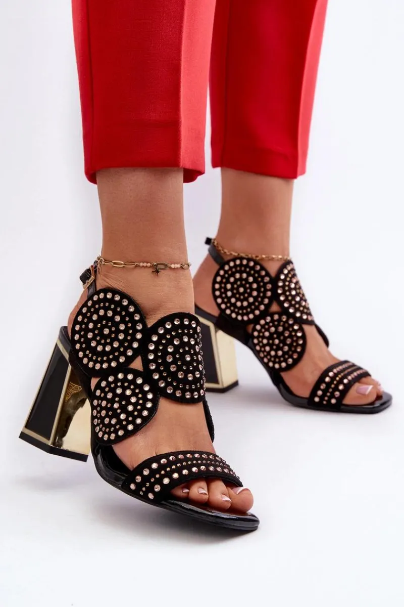 Sale Zdobione Sandały Na Słupku D&A CR026 Czarne Damskie Sandały Na Obcasie