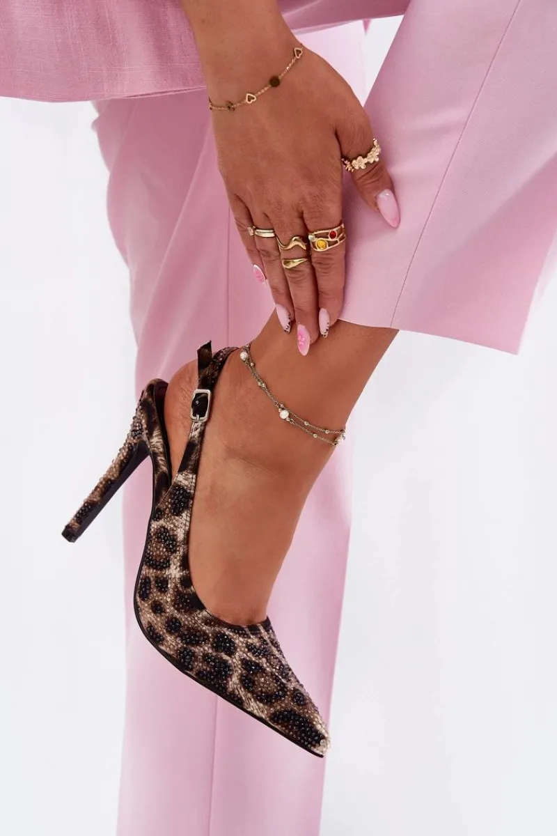 Sandały Na Obcasie>Boto Zdobione Sandały Na Szpilce Panterka Beżowo-Czarne Kemonia