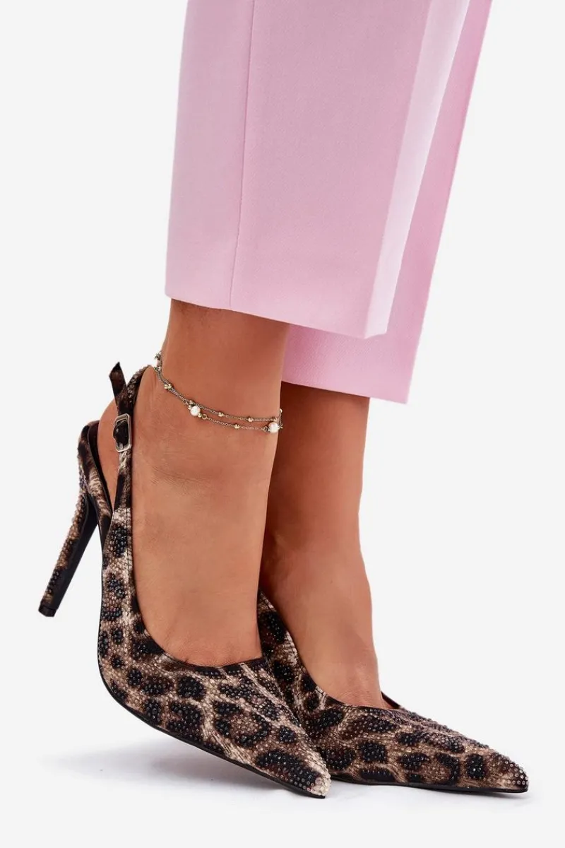Sandały Na Obcasie>Boto Zdobione Sandały Na Szpilce Panterka Beżowo-Czarne Kemonia