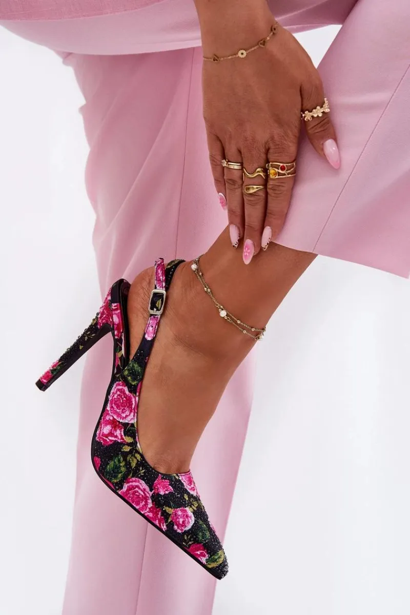 Clearance Boto Zdobione Sandały Na Szpilce W Róże Czarne Vevessa Czarny
