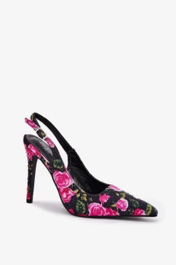 Clearance Boto Zdobione Sandały Na Szpilce W Róże Czarne Vevessa Czarny