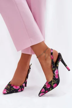 Clearance Boto Zdobione Sandały Na Szpilce W Róże Czarne Vevessa Czarny