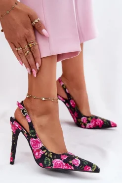 Clearance Boto Zdobione Sandały Na Szpilce W Róże Czarne Vevessa Czarny