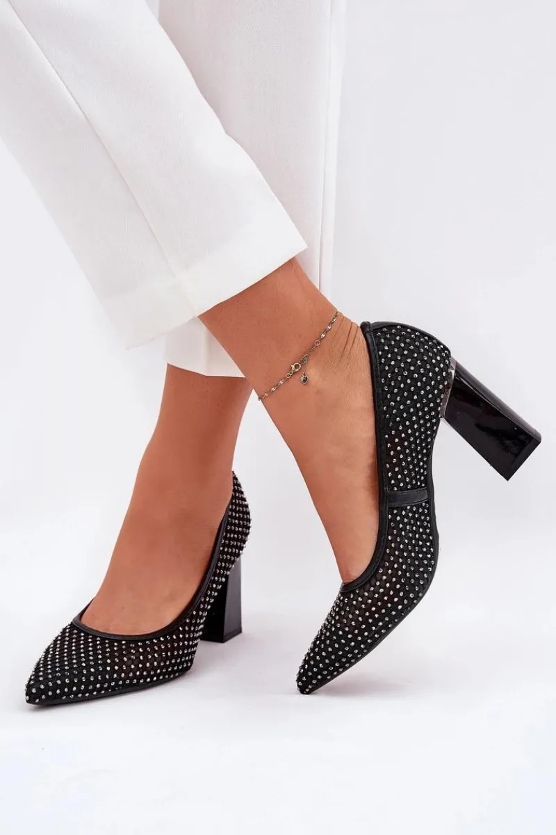 New Buty damskie Vinceza Zdobione Siateczkowe Czółenka Na Słupku Vinceza 62211 Czarne Czarny