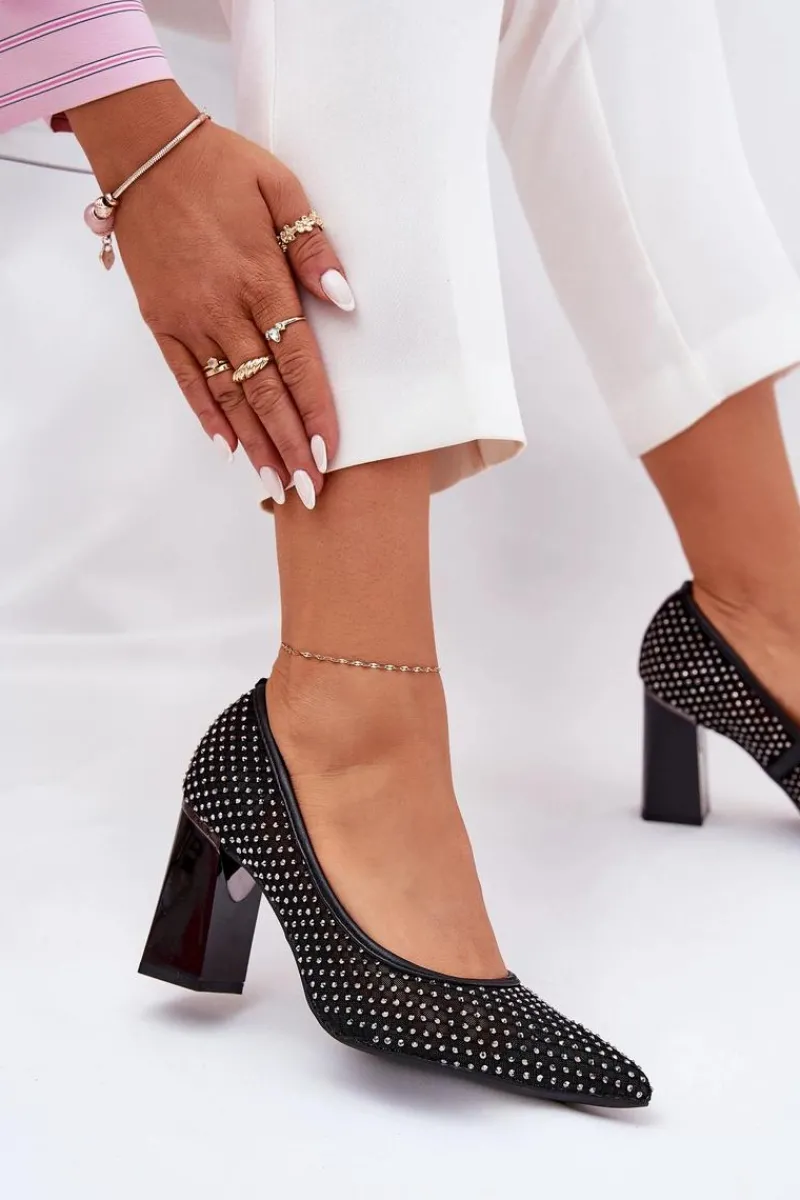 New Buty damskie Vinceza Zdobione Siateczkowe Czółenka Na Słupku Vinceza 62211 Czarne Czarny