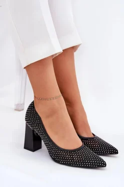 New Buty damskie Vinceza Zdobione Siateczkowe Czółenka Na Słupku Vinceza 62211 Czarne Czarny