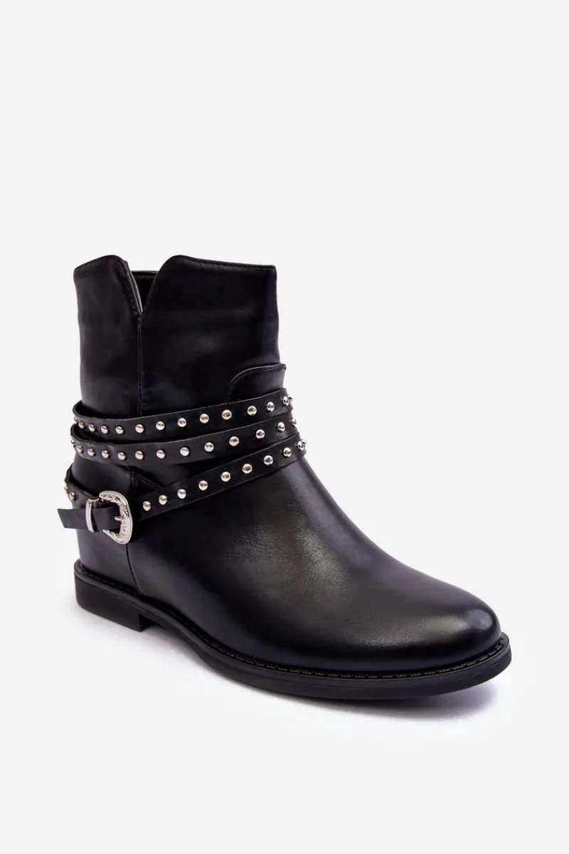 Czarne Botki|Brązowe I Beżowe Botki>Boto Zdobione Skórzane Botki Damskie Na Płaskim Obcasie Czarne Adkrana