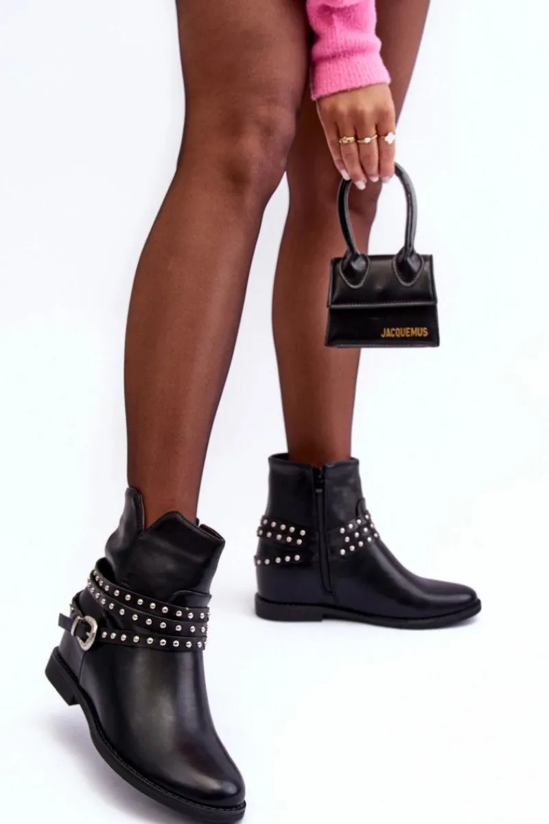 Czarne Botki|Brązowe I Beżowe Botki>Boto Zdobione Skórzane Botki Damskie Na Płaskim Obcasie Czarne Adkrana