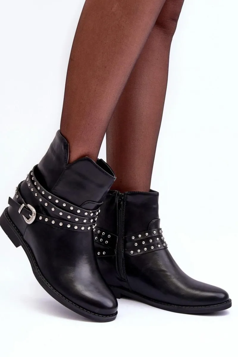 Czarne Botki|Brązowe I Beżowe Botki>Boto Zdobione Skórzane Botki Damskie Na Płaskim Obcasie Czarne Adkrana