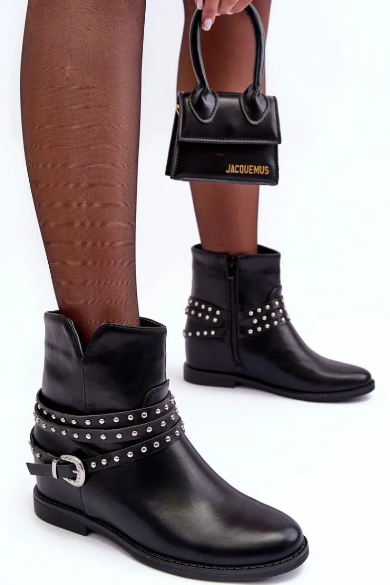 Czarne Botki|Brązowe I Beżowe Botki>Boto Zdobione Skórzane Botki Damskie Na Płaskim Obcasie Czarne Adkrana