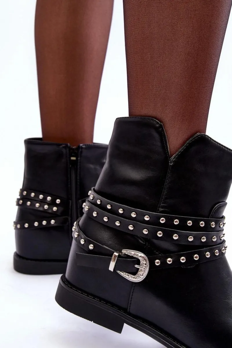 Czarne Botki|Brązowe I Beżowe Botki>Boto Zdobione Skórzane Botki Damskie Na Płaskim Obcasie Czarne Adkrana