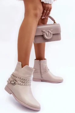 Hot Zdobione Skórzane Botki Damskie Na Płaskim Obcasie Beżowe Adkrana Damskie Czarne Botki|Brązowe I Beżowe Botki