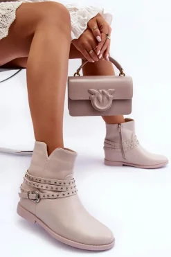 Hot Zdobione Skórzane Botki Damskie Na Płaskim Obcasie Beżowe Adkrana Damskie Czarne Botki|Brązowe I Beżowe Botki