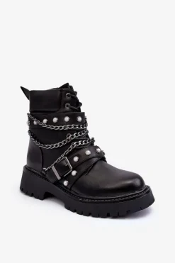 New Boto Zdobione Skórzane Damskie Botki Workery Czarne Sibenna