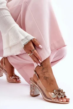 Clearance Zdobione Stylowe Sandały Transparentne Różowe Złoto S.Barski MR1037-18 Damskie Sandały Na Obcasie