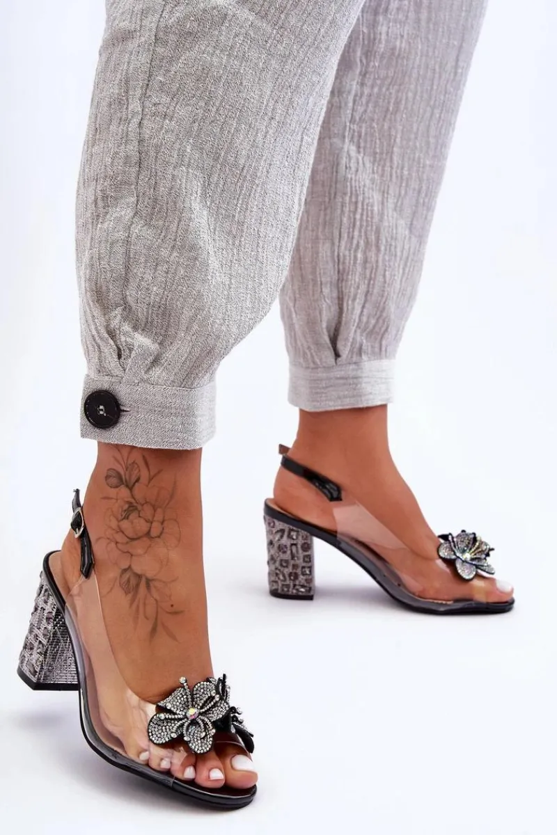 Sandały Na Obcasie>Damskie buty S.Barski Zdobione Stylowe Sandały Transparentne Czarne S.Barski MR1037-18