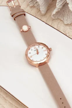 Best Ernest Zegarek Damski Na Cienkim Eko Skórzanym Pasku Beżowy E62146