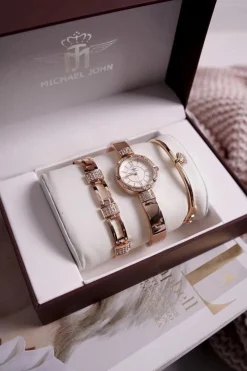 Zegarki|Bransoletki>Michael John Zestaw Damski Zegarek i Dwie Bransoletki Różowe Złoto