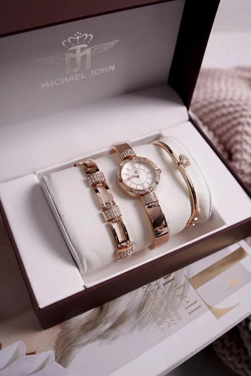 Zegarki|Bransoletki>Michael John Zestaw Damski Zegarek i Dwie Bransoletki Różowe Złoto