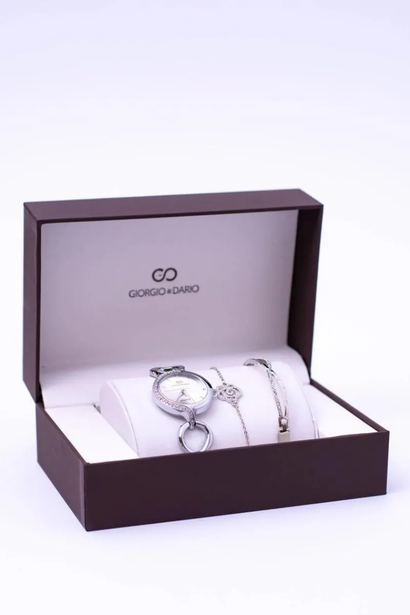 Zestaw Giorgio Dario Srebrny Zegarek Cyrkonie Dwie Bransolety Zegarki