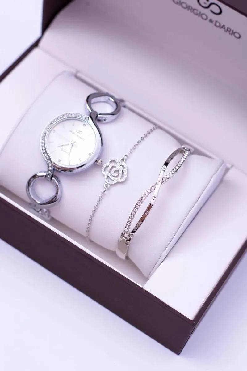 Zestaw Giorgio Dario Srebrny Zegarek Cyrkonie Dwie Bransolety Zegarki