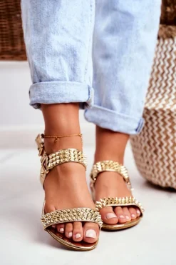 Sandały Płaskie>Boto Złote Damskie Płaskie Sandałki Lu Boo Z Ćwiekami Aldona