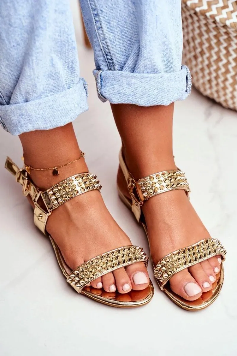 Sandały Płaskie>Boto Złote Damskie Płaskie Sandałki Lu Boo Z Ćwiekami Aldona